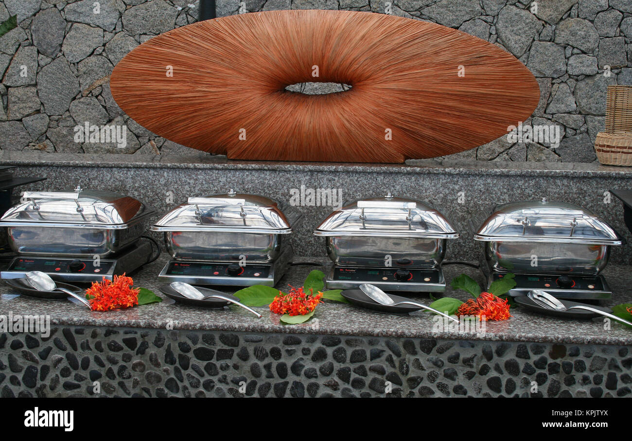 Fünf Sterne Hotel Domaine de L'Orangeraie Hall Buffet Essbereich, la Digue Seychellen Stockfoto