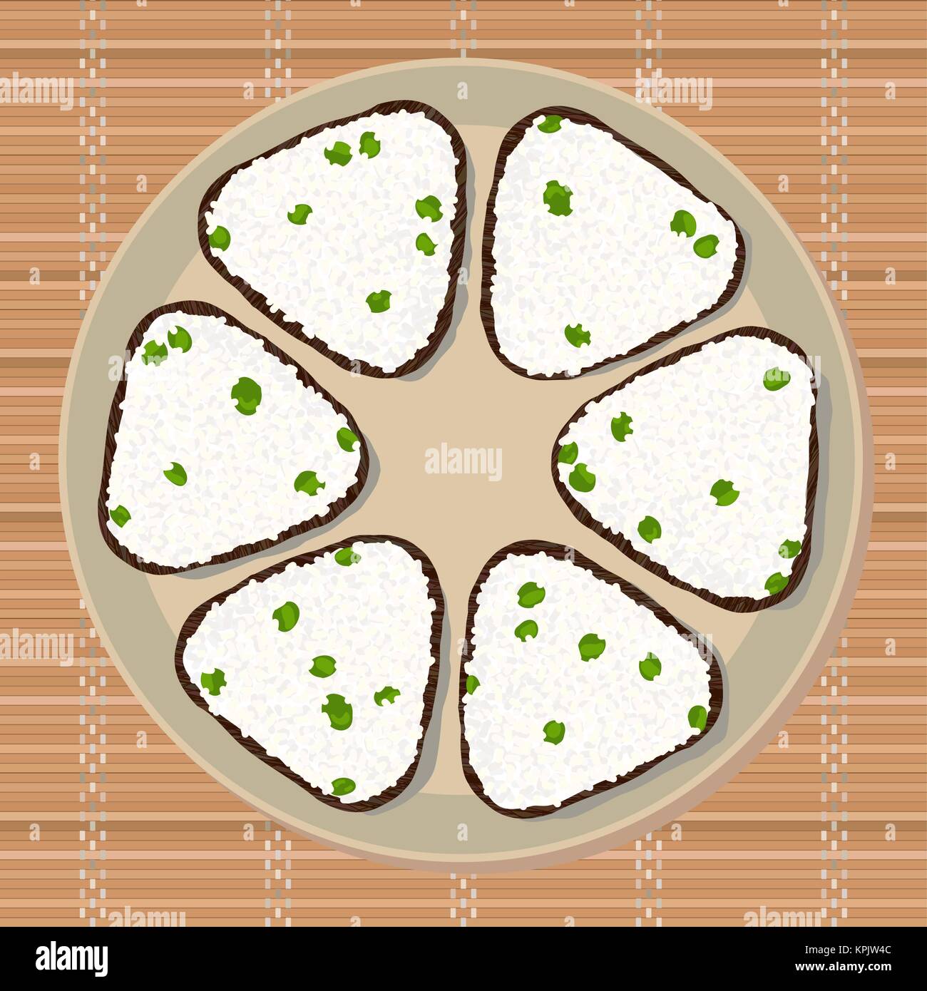 Onigiri mit grünen Erbsen. Dreieck Reisbällchen aufgewickelt mit Nori Algen. Abbildung. Japanische Küche. Mittagessen Textur. Asiatische snack Plate auf dem japane Stock Vektor
