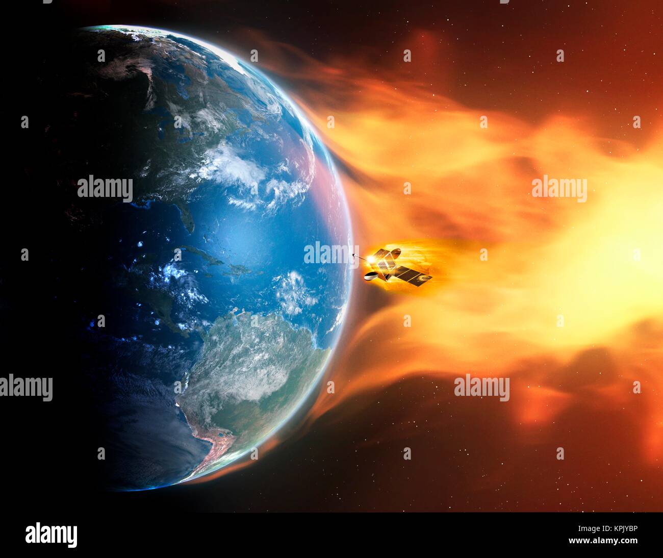 Abbildung eines coronal mass ejection Einfluss auf die Atmosphäre der Erde und die Zerstörung eines künstlichen Satelliten. Diese Ereignisse, CMEs kurz, sind Pow Stockfoto