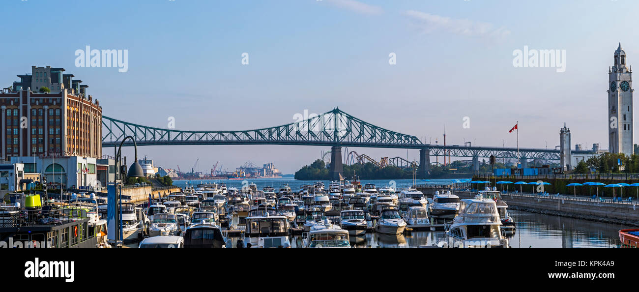 Marina am Alten Hafen von Montreal mit einem Blick auf die Turmuhr und Jacques Cartier Brücke; Montreal, Quebec, Kanada Stockfoto