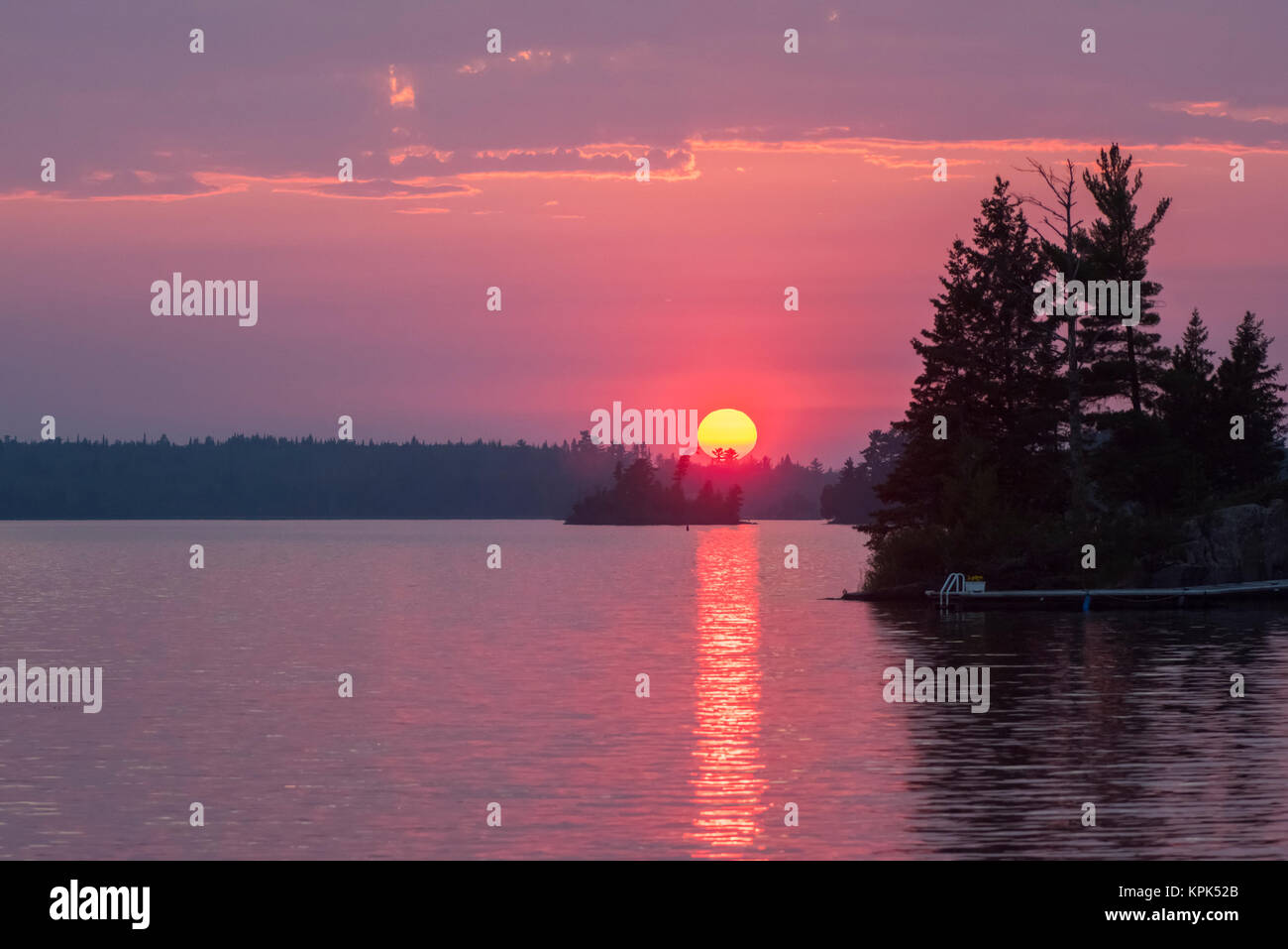 Dramatischer Sonnenuntergang mit einem leuchtenden Golden Sun und rosa Himmel über einem See; See des Holzes, Ontario, Kanada Stockfoto