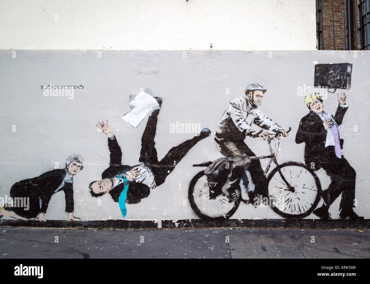 Britische politische Satire städtischen Kunstwerke von Loretto - ein Londoner Graffiti Künstler. South East London, UK. Stockfoto