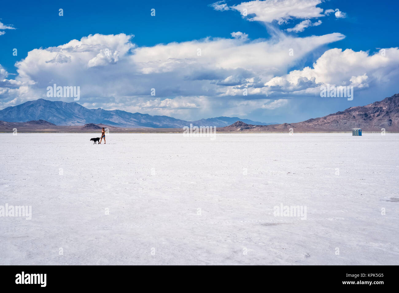 Frau geht ihr Hund auf dem Bonneville Salt Flats; Wendover in Utah, Vereinigte Staaten von Amerika Stockfoto