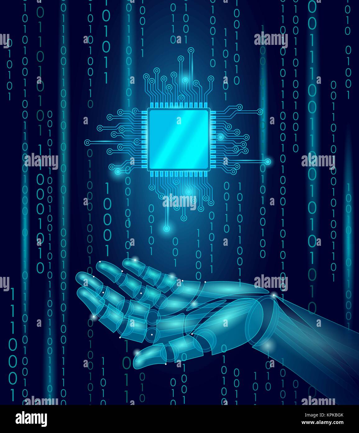 Roboter android Hand halten Prozessor CPU. Low Poly polygonalen Partikeln Point Line geometrische Rendern. Computer hohe Wissenschaft microchip Zukunft Technologie Analyse Konzept blau Binär Code Vector Illustration Stock Vektor