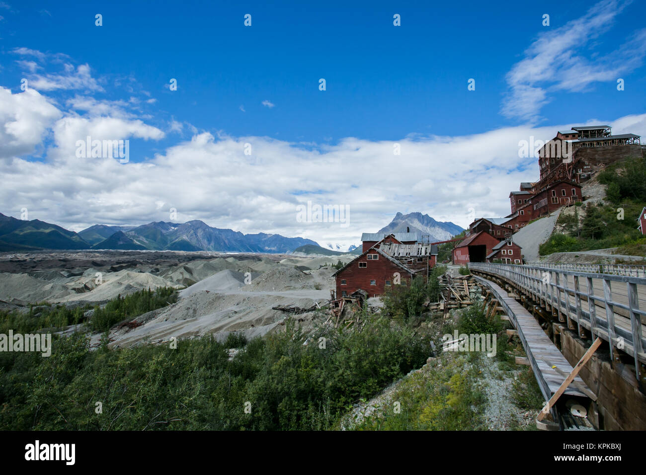 Die Kennecott Copper Mine blickt auf die Endstation der Kennicott Glacier, Wrangell-St. Elias National Park, Alaska Stockfoto