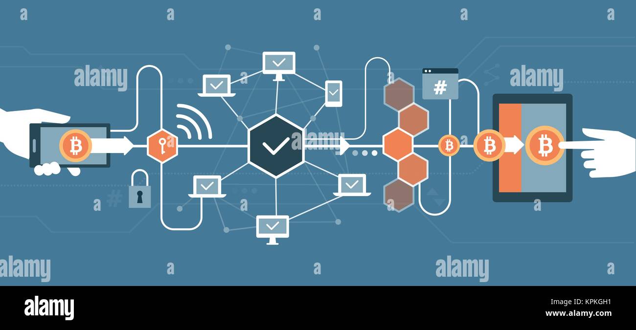 Bitcoin, cryptocurrency und blockchain Technologie: Überweisung von einem Benutzer zu einem anderen Benutzer und Netzwerk Validierung Stock Vektor