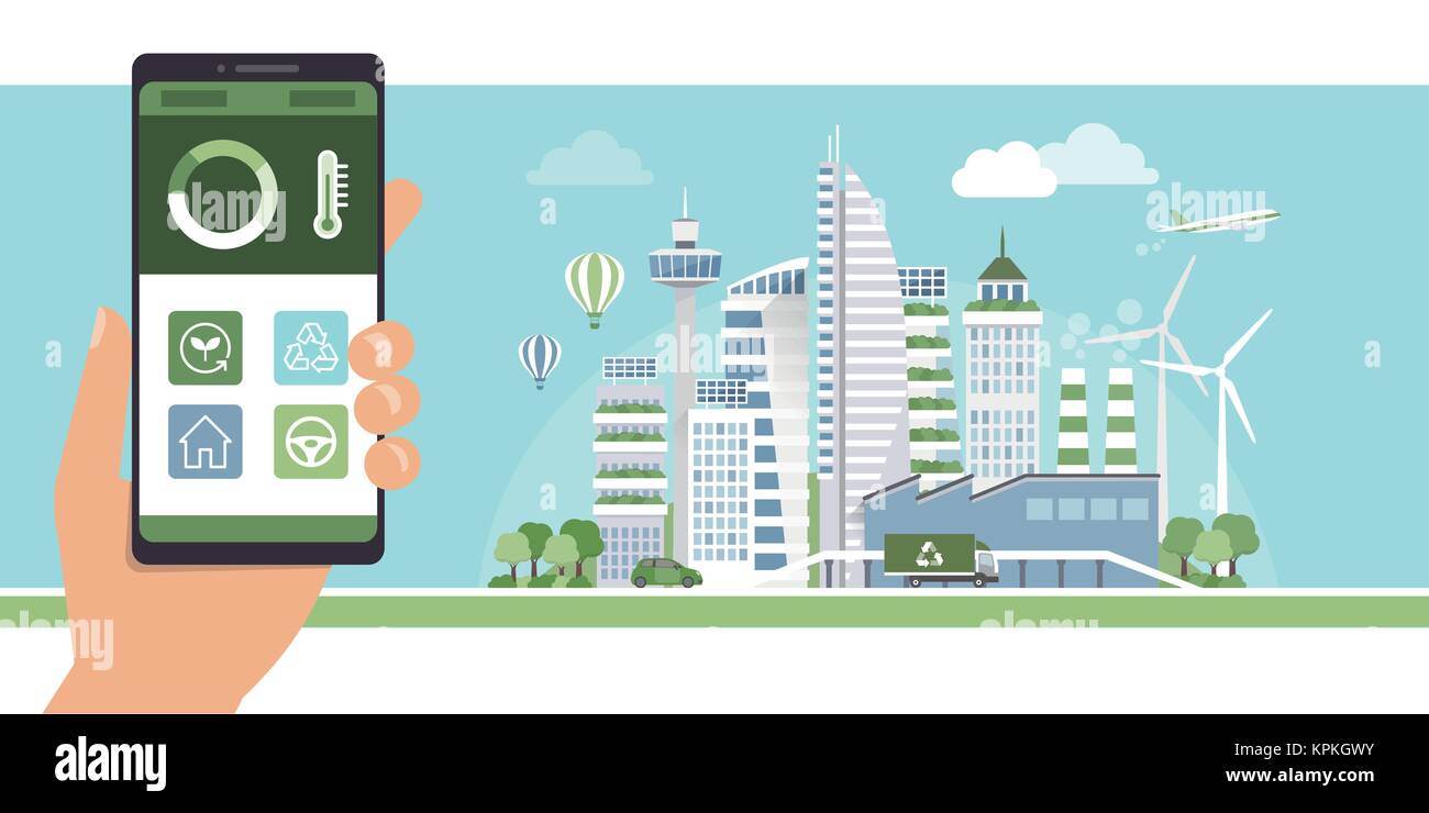 Nachhaltigkeit, smart home und smart City Management App auf ein Mobiltelefon und conteporary grüne Metropole auf dem Hintergrund Stock Vektor