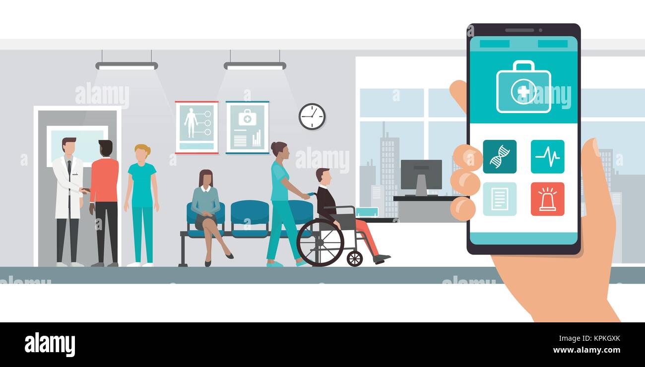 Innovative medizinische Anwendungen, die auf einem Smartphone und Krankenhaus mit Ärzten und Patienten auf dem Hintergrund, Healthcare und Technologie Konzept Stock Vektor
