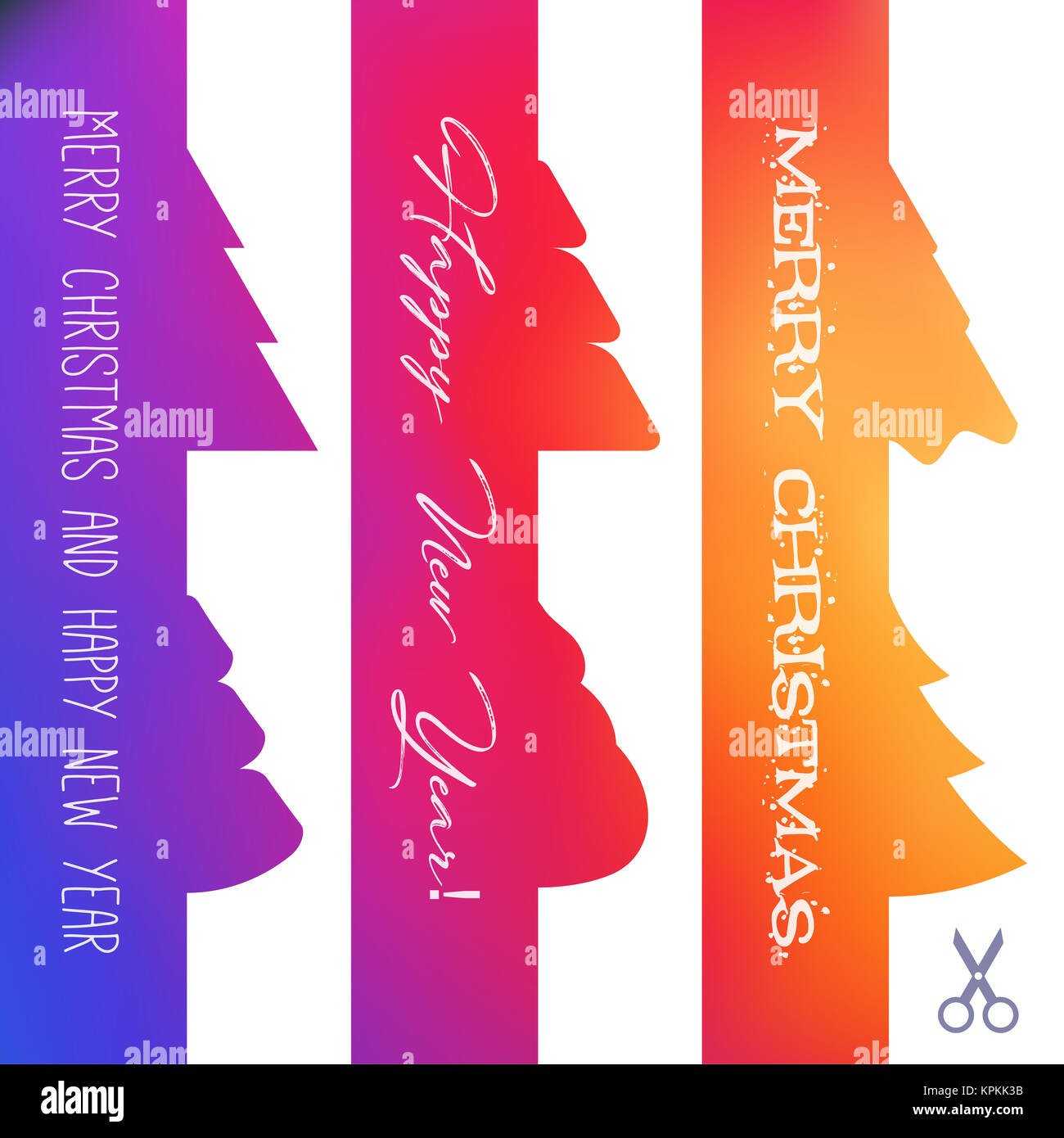 Satz von Weihnachten Appleque Ausschneiden Grenze. Hellen Gradient und Gruß Inschriften. Symbol Schere. Designelemente für Papier Collage. Stockfoto