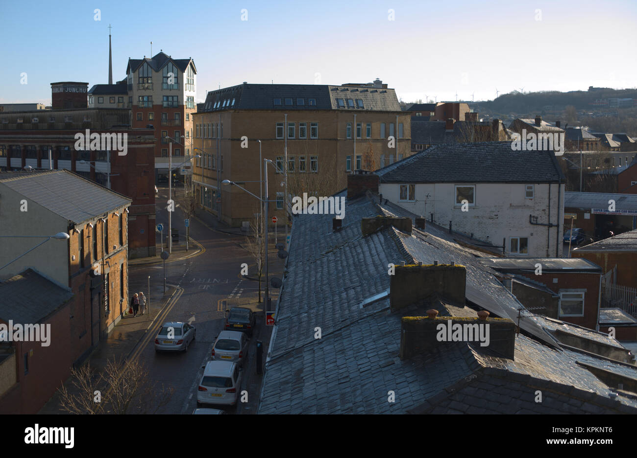 Blackburn fotografiert von feilden Straße Parkplatz am Morgen im Dezember. Stockfoto