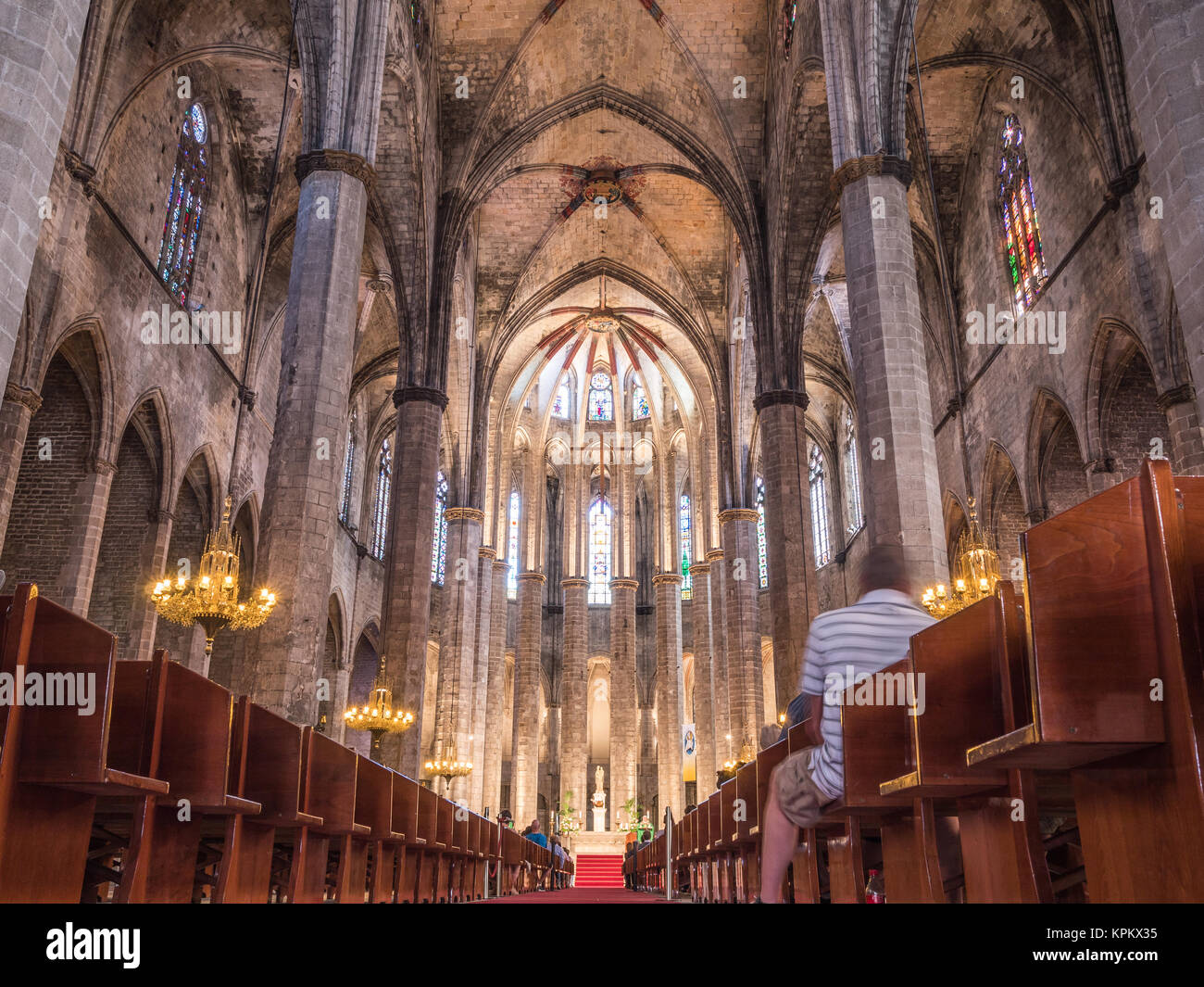 Barcelona, Spanien - 19. Juni 2016: Decke und Spalten in der Kathedrale Santa Maria del Mar in Barcelona. Die Kathedrale wurde zwischen 1329 und 1383 gebaut. Stockfoto