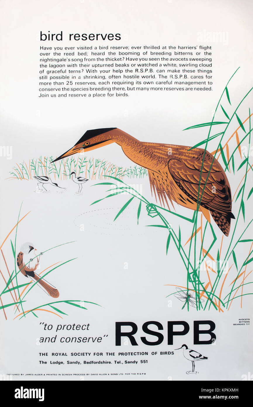 Vogelschutzgebiete der 60er Jahre Informationen Plakat von Künstler und Bildhauer entworfen, James Erle. Für die Königliche Gesellschaft zum Schutz der Vögel, (RSPB). Stockfoto