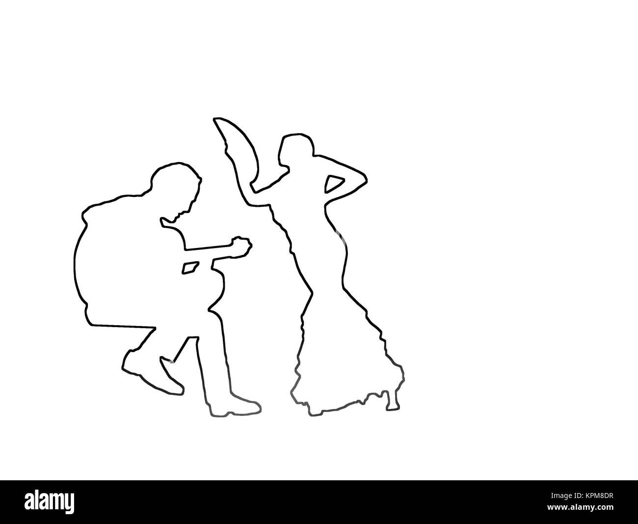 Silhouetten der weiblichen Flamenco Tänzerin und Gitarrist auf rosy Pink Abstrakt Hintergrund Abbildung. Stockfoto