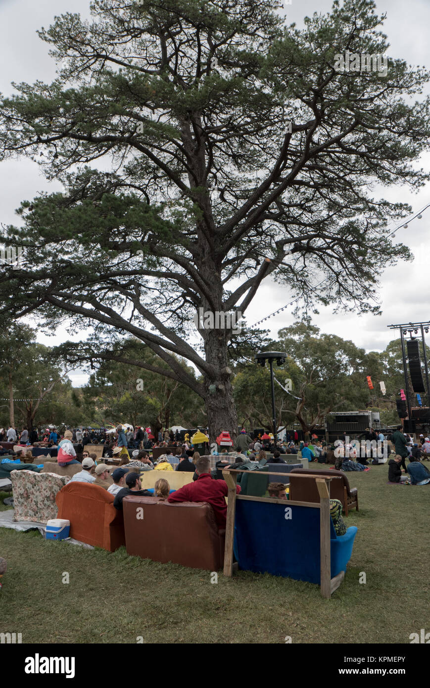 Junge Australier auf Sofas, die Sie eingerichtet haben und die Meredith Music Festival in Meredith Australien geholt. Stockfoto