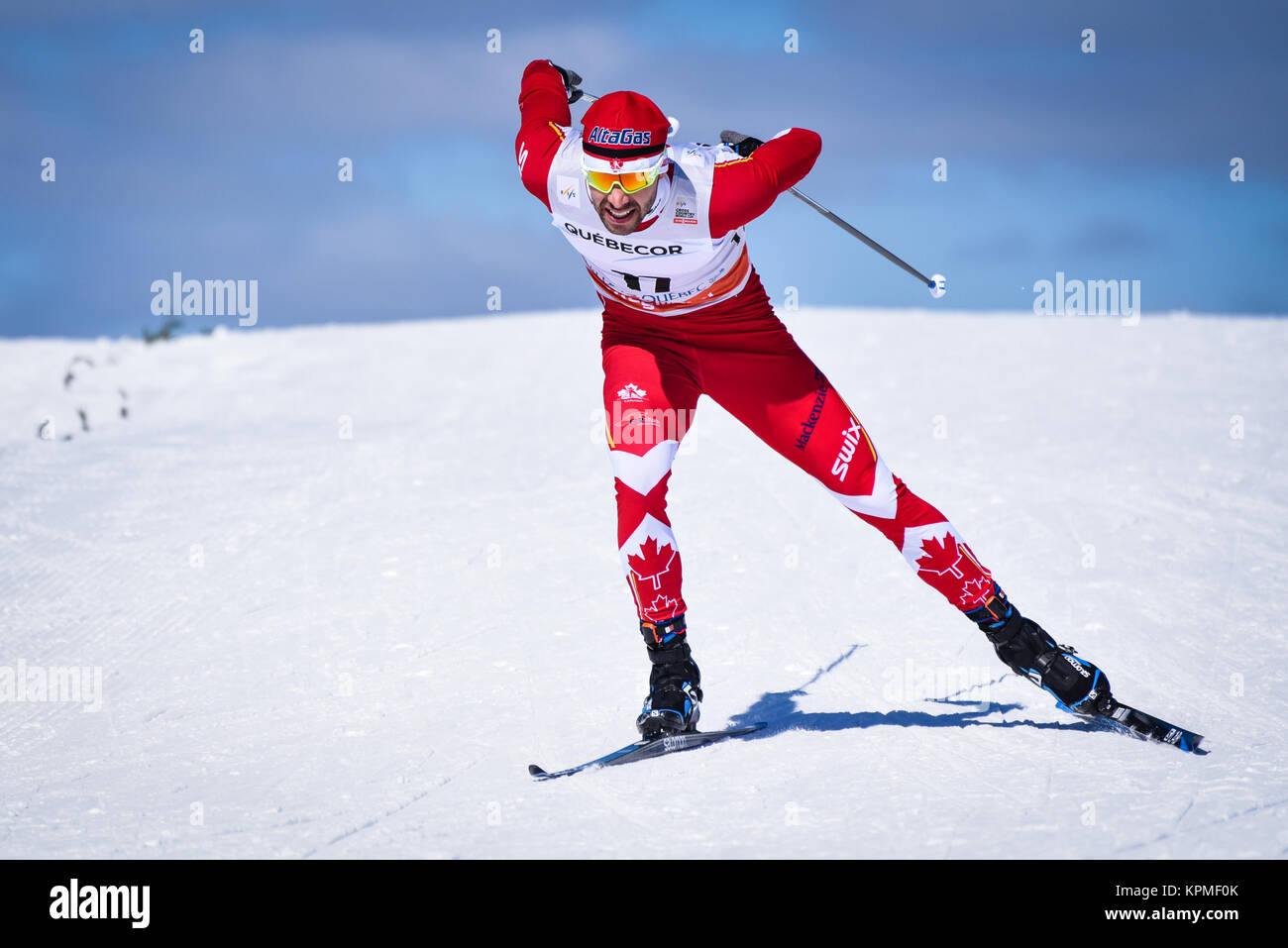 Die kanadischen Ski Team Alex Harvey (Quebec) Skier in den näheren Bestimmungen bei 2017 FIS Weltcup Sprint Finale in Quebec City auf den Ebenen von Abraham Stockfoto