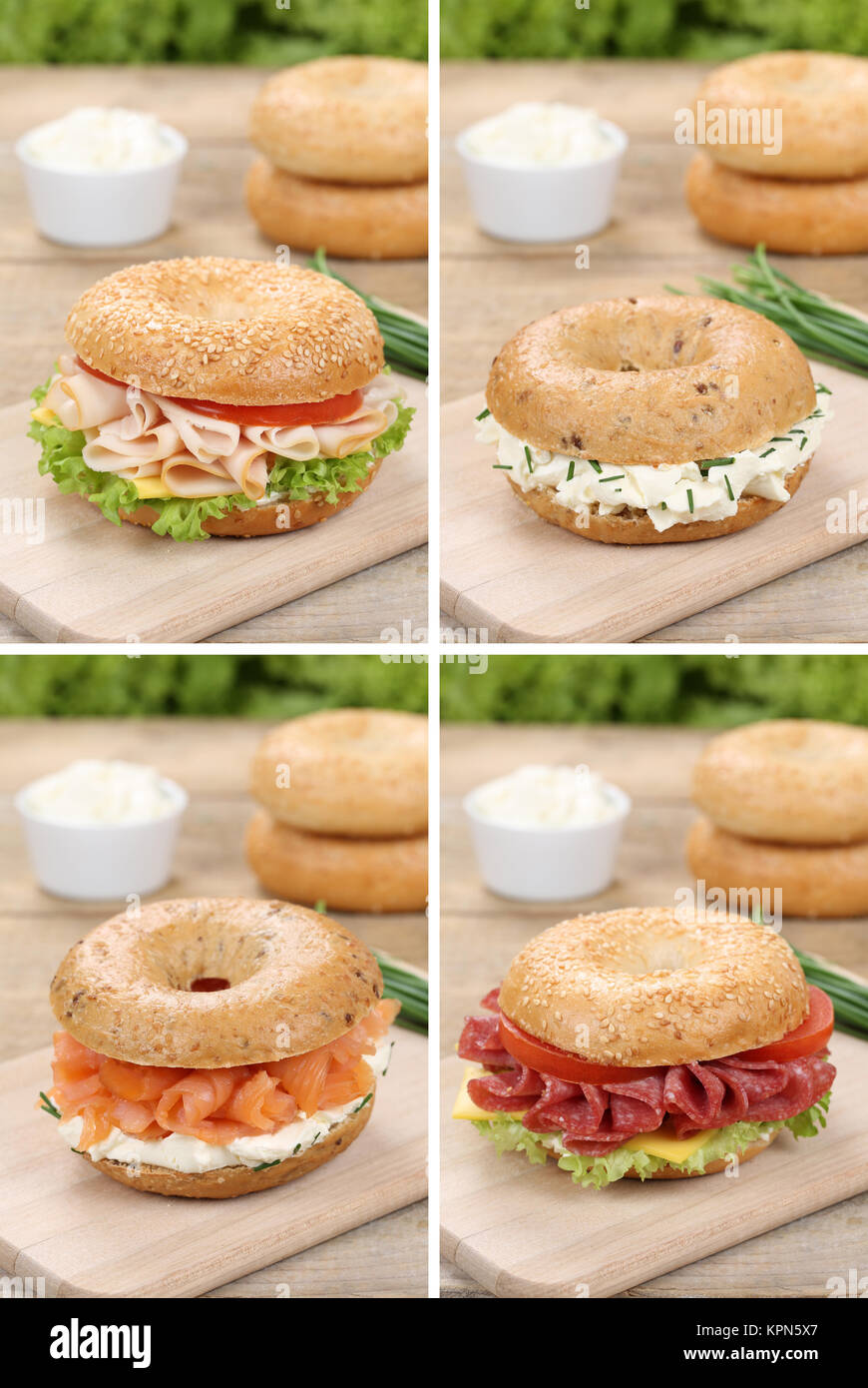 Collage aus Bagels, Brötchen für das Frühstück mit Schinken, Lachs und ...
