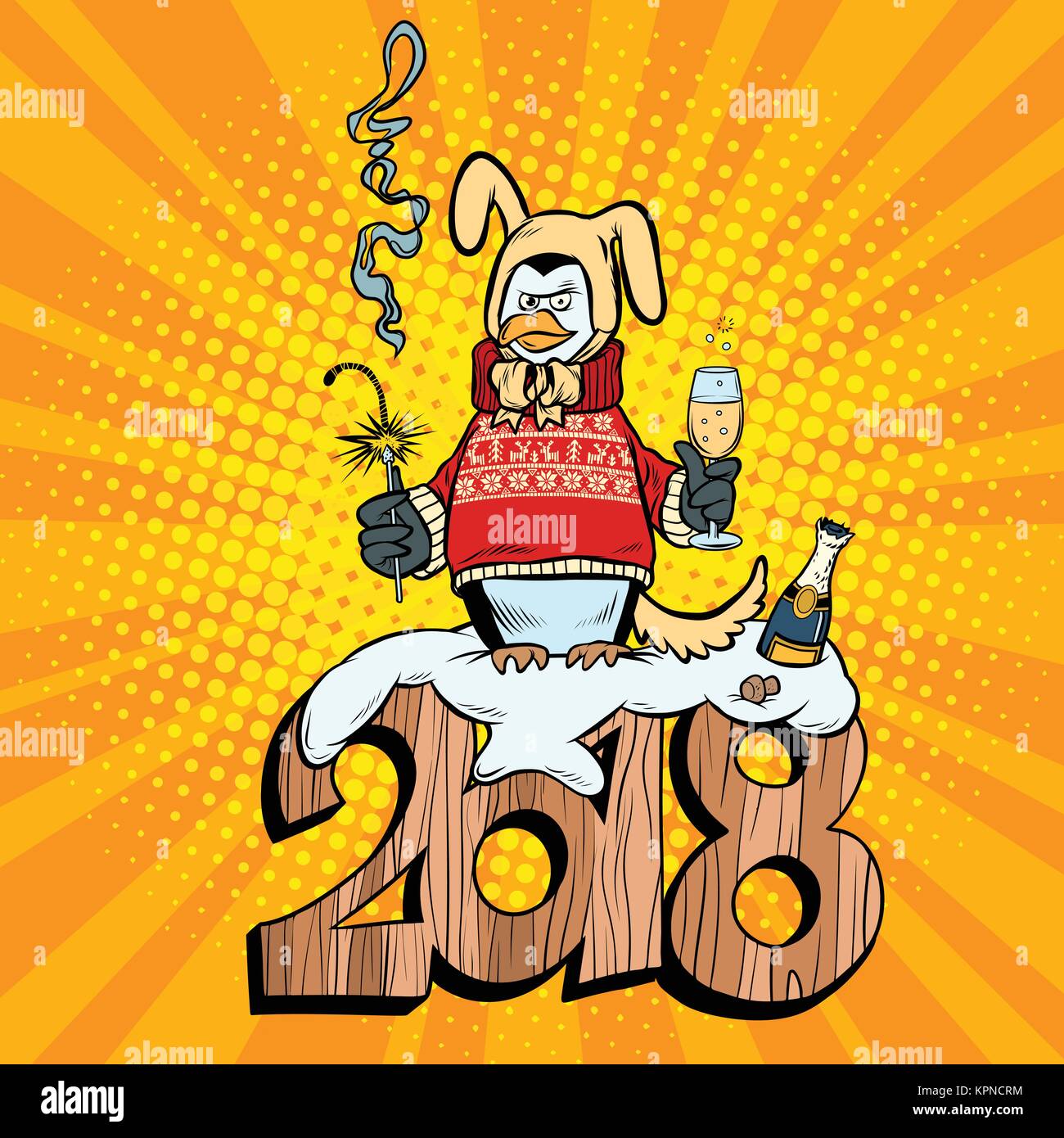 2018 Neues Jahr, penguin Anzug gelbe Erde Hund. Sekt und Wunderkerzen. Comic cartoon Pop Art retro Vektor illustration Zeichnung Stock Vektor