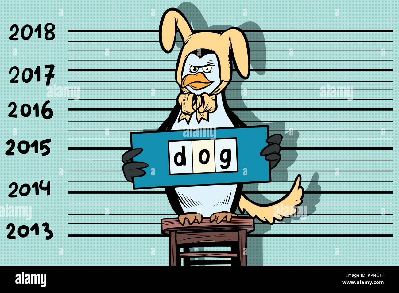 2018 Neues Jahr, lustige Pinguin vortäuschte, die gelbe Erde Hund zu sein. Kriminelle Fotos. Gefängnis und verhaften. Comic cartoon Pop Art retro Vektor illustr Stock Vektor