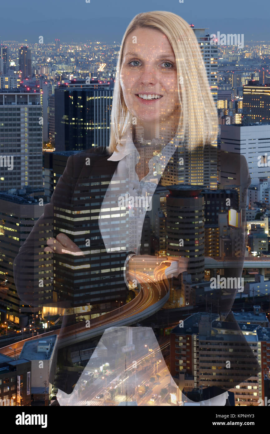 Geschäftsfrau Business woman portrait Lachen manager City Double Exposure Stockfoto