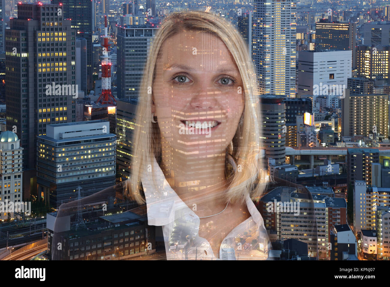 Geschäftsfrau Business woman portrait Lachen Stadt Double Exposure Stockfoto