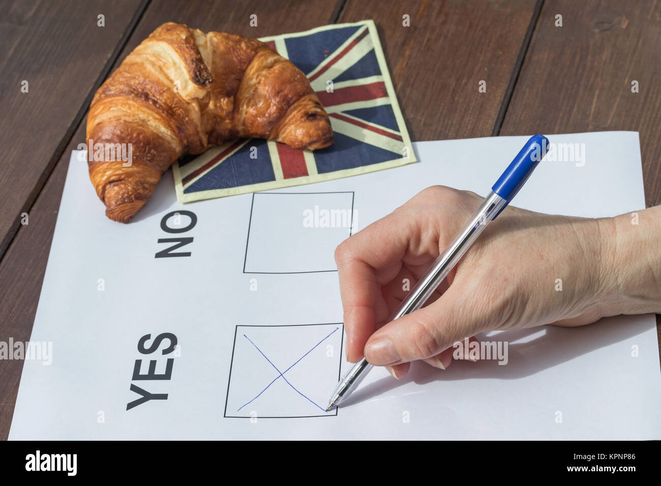 Weibliche Hand gefüllt, im Referendum Stockfoto