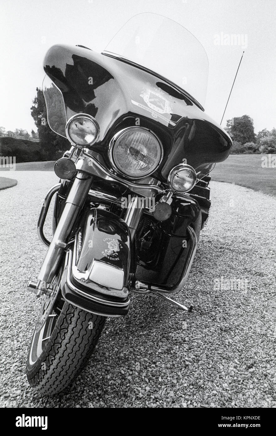 Peter de Savarys Harley Davidson Motorrad. Szenen aus der Harley Davidson Rally auf dem Gelände des Littlecote House, Berkshire, England ion am 30. September 1989. Die Kundgebung wurde von Peter De Savary, die das Haus zu dieser Zeit. Stockfoto