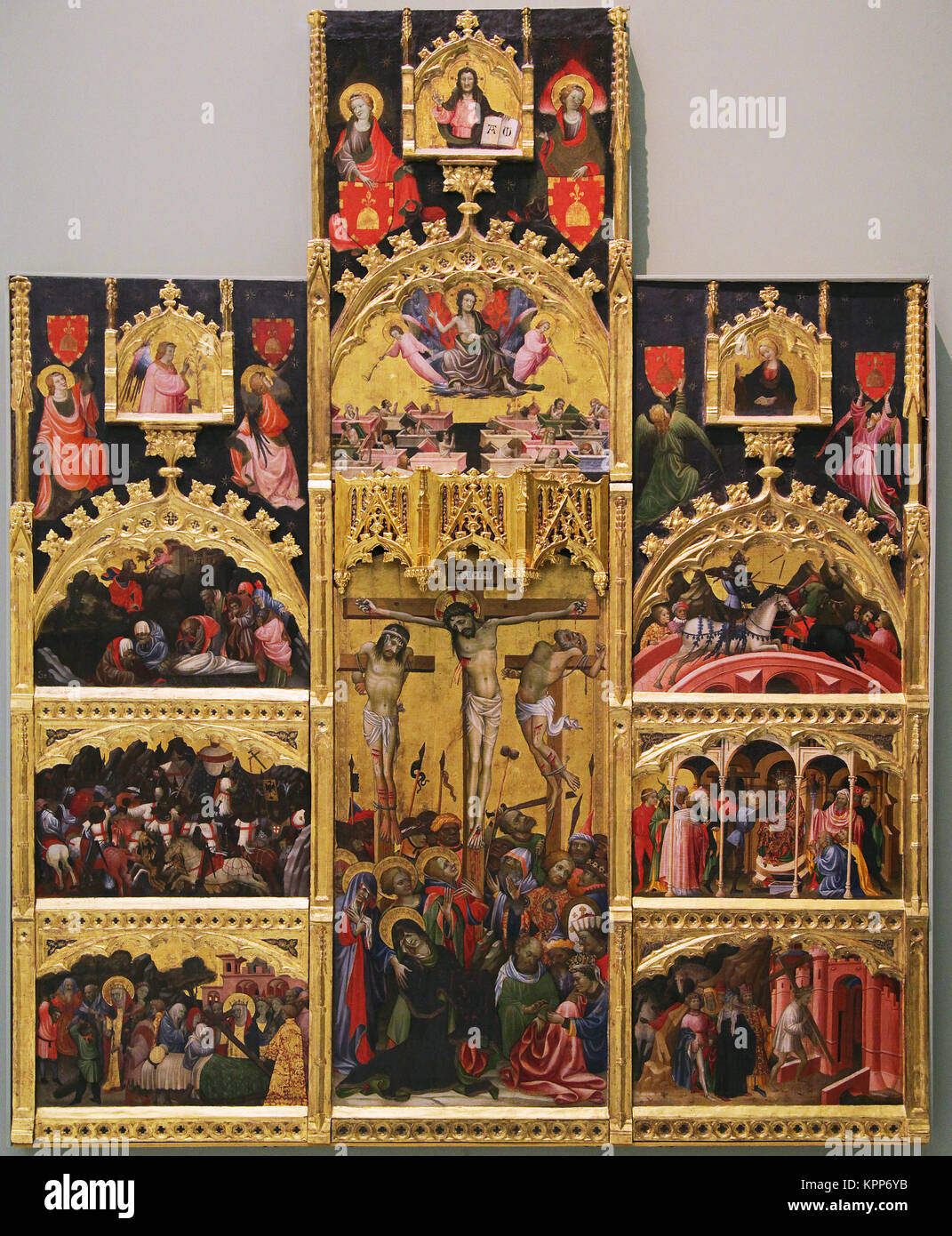 Altarbild des Heiligen Kreuzes von Miquel Alcanyís Valencianer Maler der Gotik. Aktiv 1407 - 1447 Stockfoto