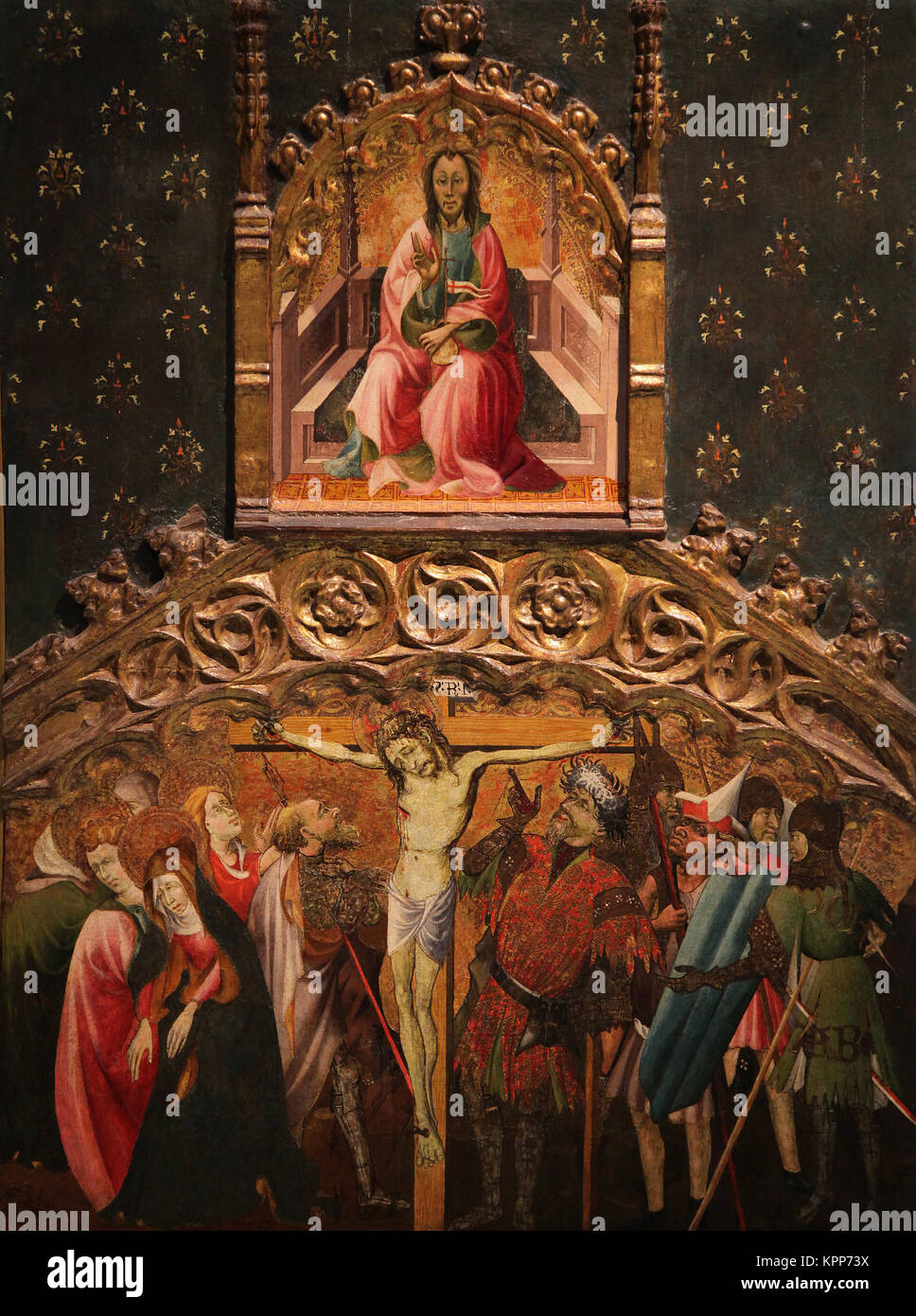 Kreuzigung und Ewiger Vater Kreuzigung y Padre Eterno von Gonzalo Perez oder Gonçal Peris Sarrià 1380-1451 Valencia Maler Stockfoto