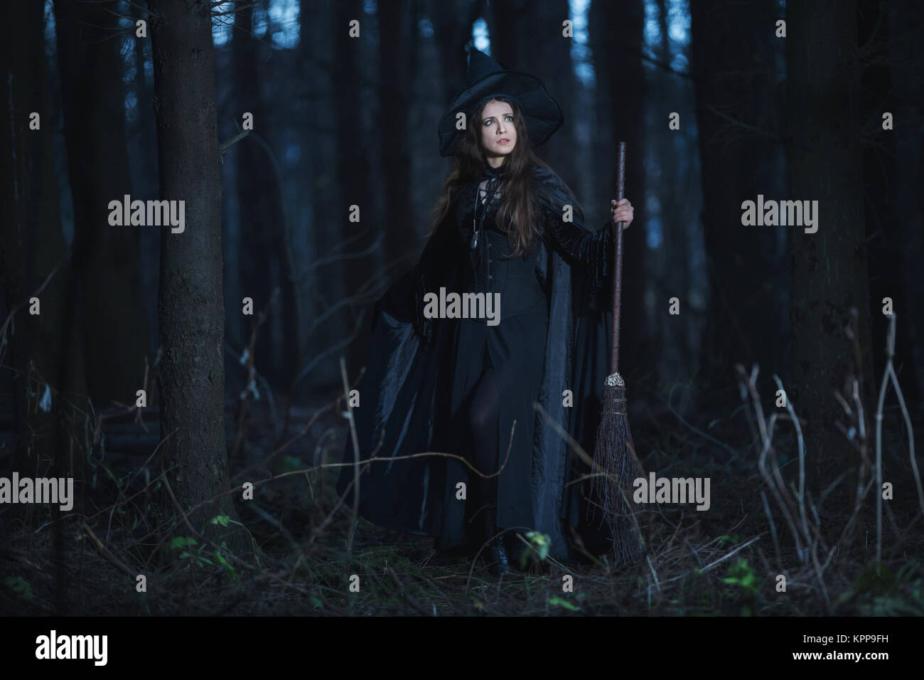 Hexe mit Besen in den Wald Stockfoto