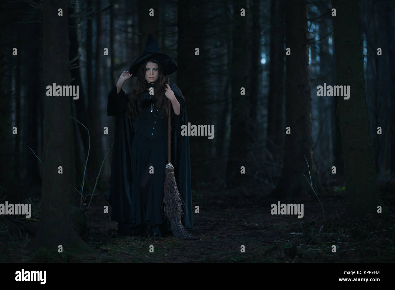 Hexe mit Besen in den Wald Stockfoto