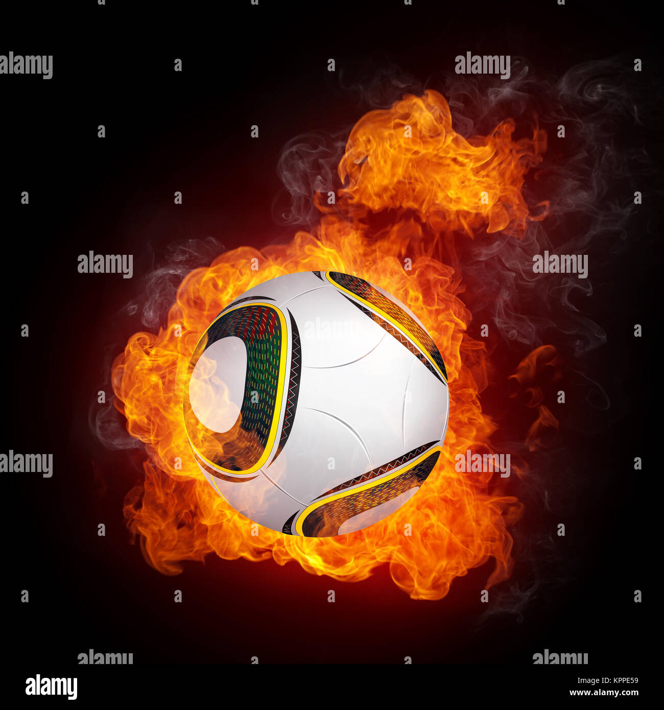 Fußball auf Feuer isolater auf Schwarz. 2D-Grafik. Computer Design. Stockfoto