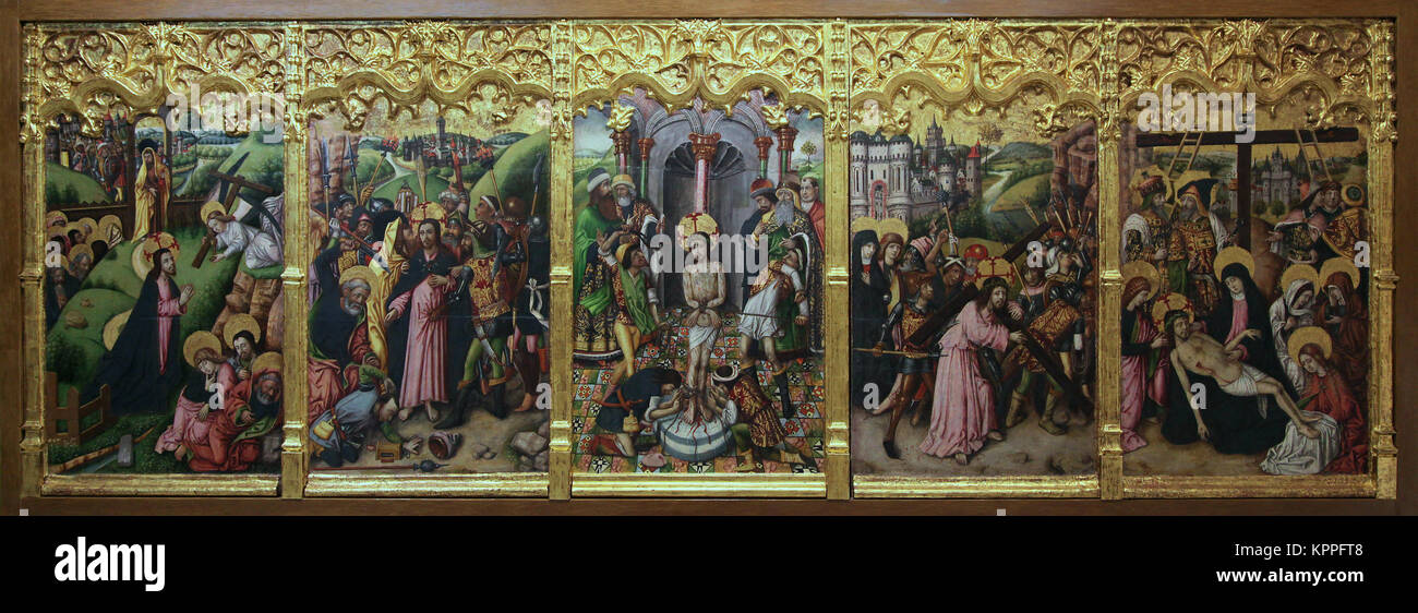 Predella mit fünf Szenen aus der Passion Christi von Juan Rexach Reixach (1431–1482) spanischer Maler und Miniaturist. Stockfoto