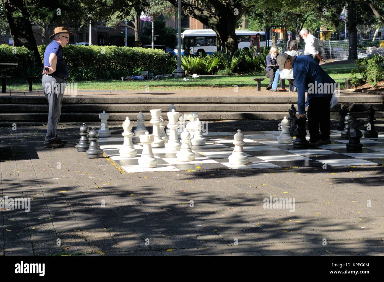 Im freien Sydney Australien tagsüber Bild. Männer spielen Schach in Hyde Park Sydney Australien. Stockfoto