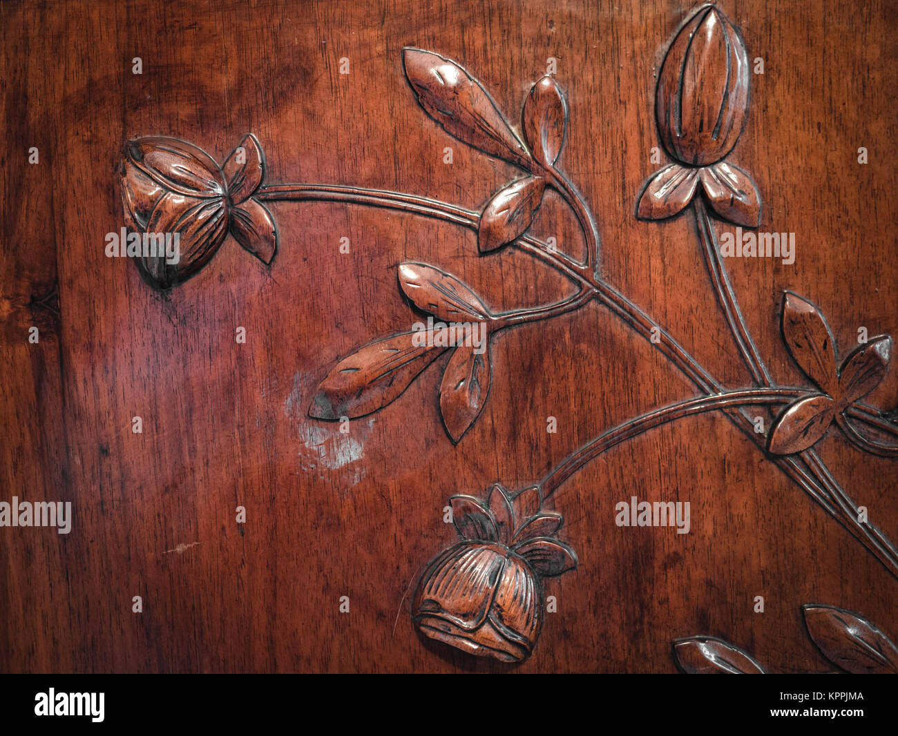 Blätter und Blüten geschnitzt im Holz eine antike Kommode. Stockfoto
