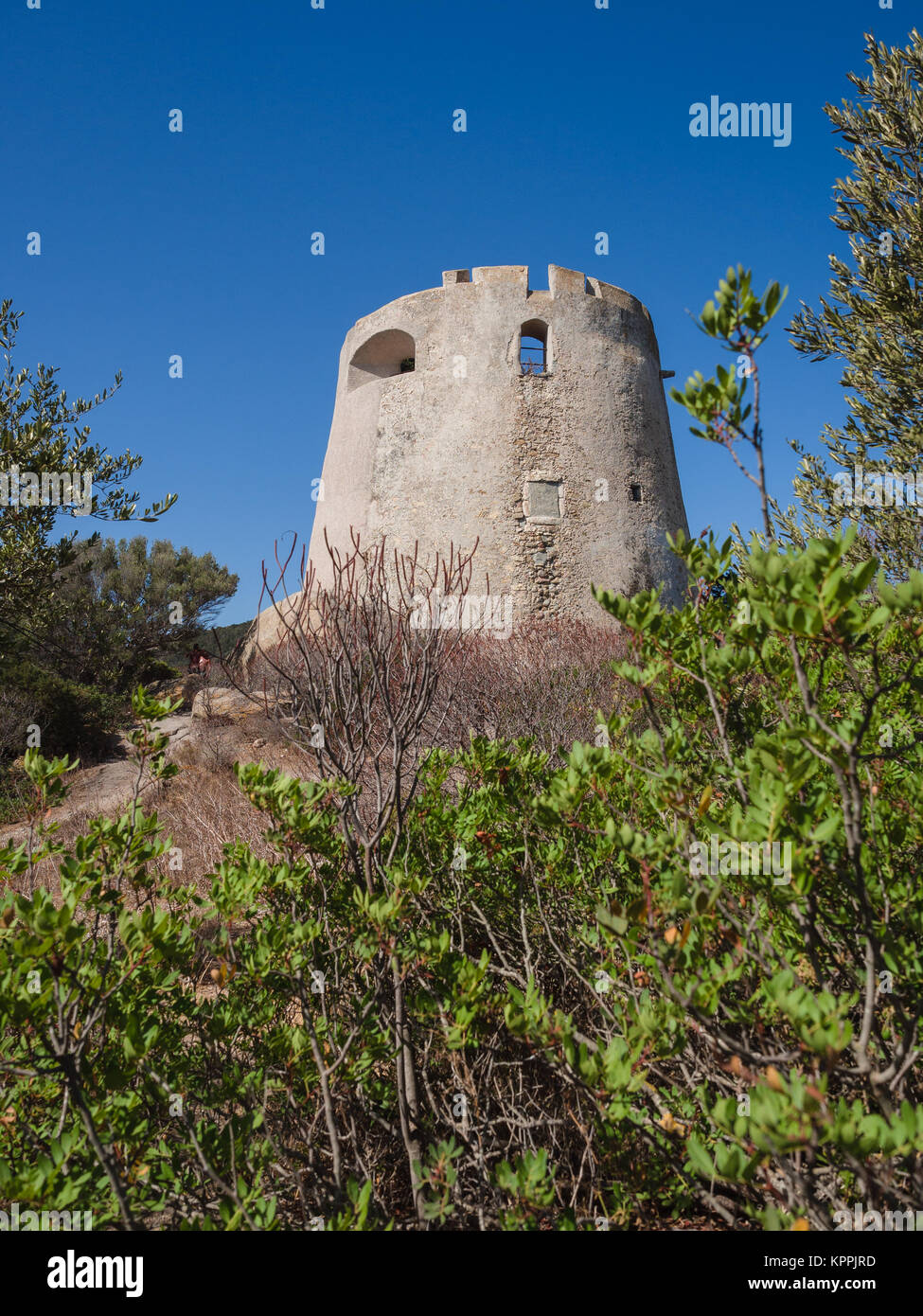 Ein Blick auf die spanische Wachturm von Porto Giunco, Villasimius, Sardinien, Italien. Stockfoto