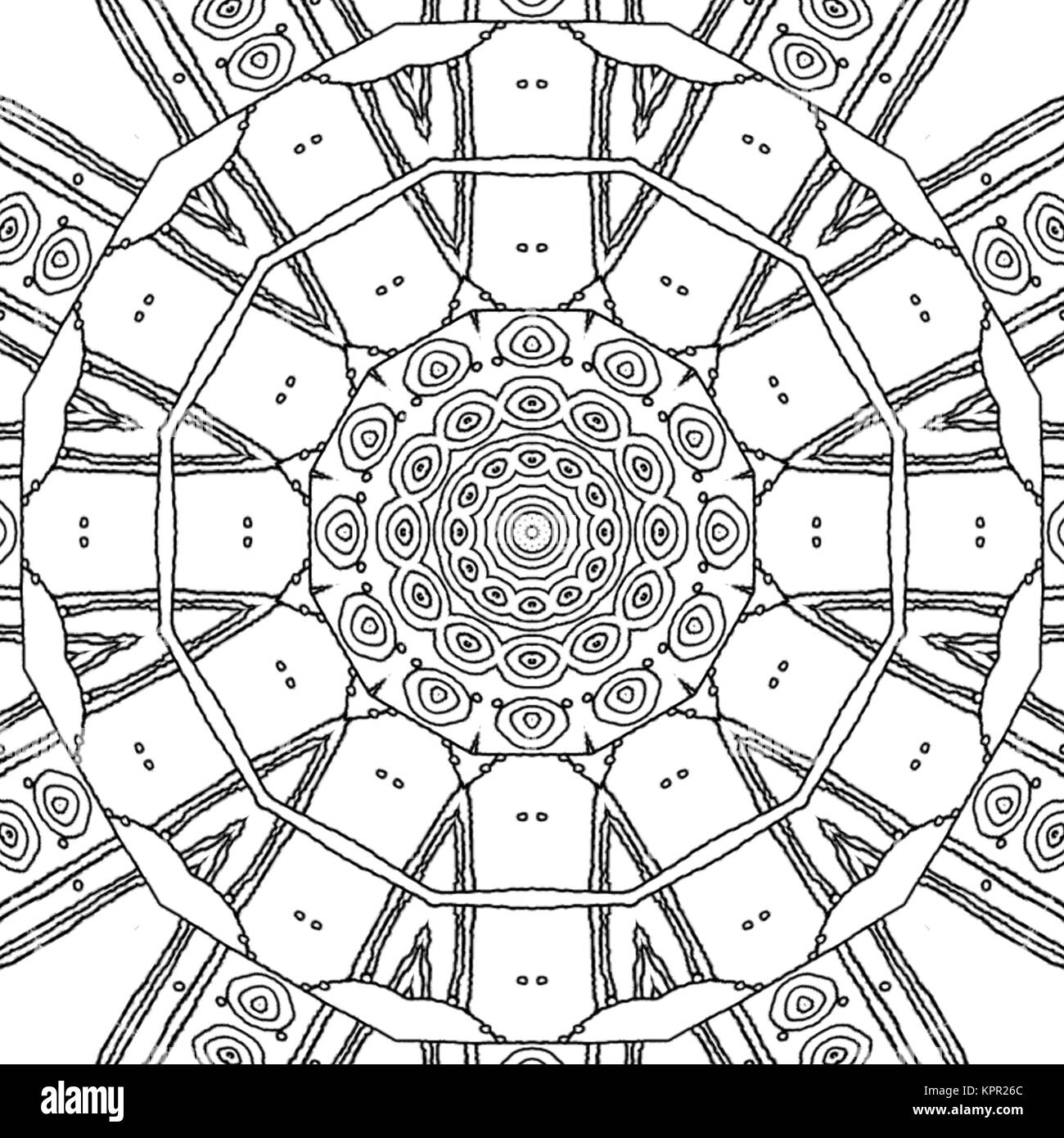 Zusammenfassung nahtlose Färbung Seite. Monochrome Mandala mit konzentrischen Kreis Muster, verzierte und verträumt Zeichnung. Stockfoto