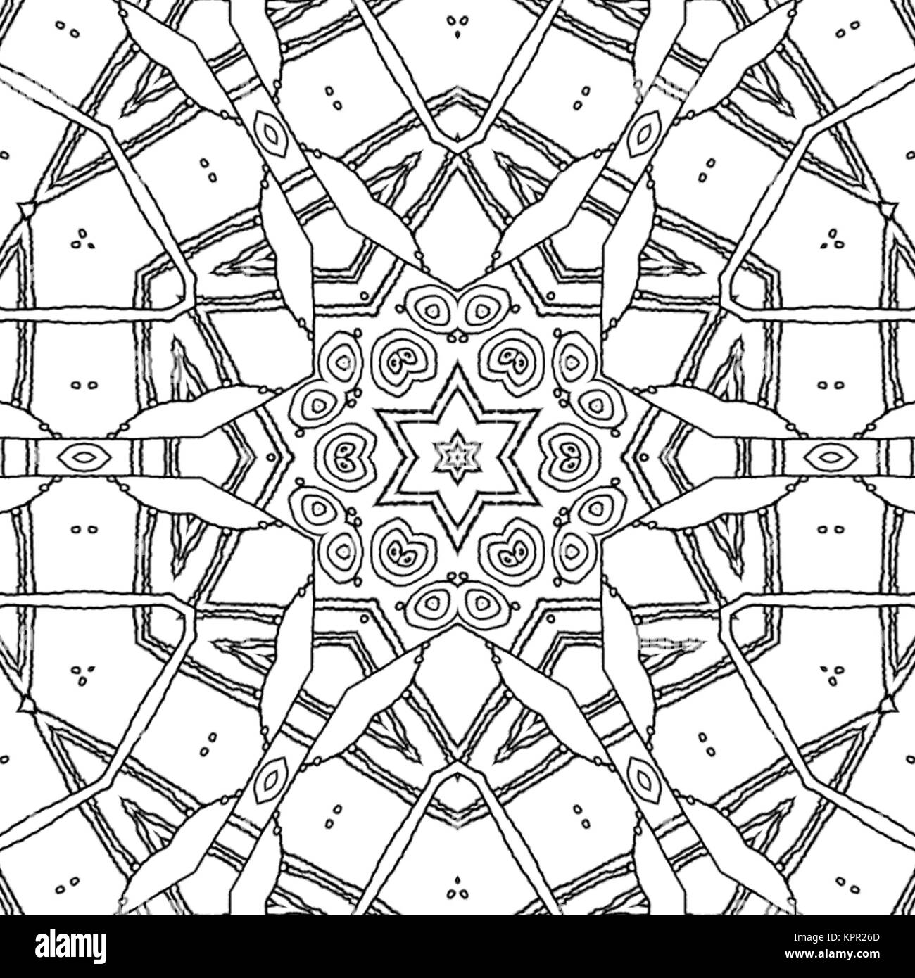 Zusammenfassung nahtlose Färbung Seite. Monochrome Mandala mit Stern und Sechskant Ornament, verzierte und verträumt Zeichnung. Stockfoto