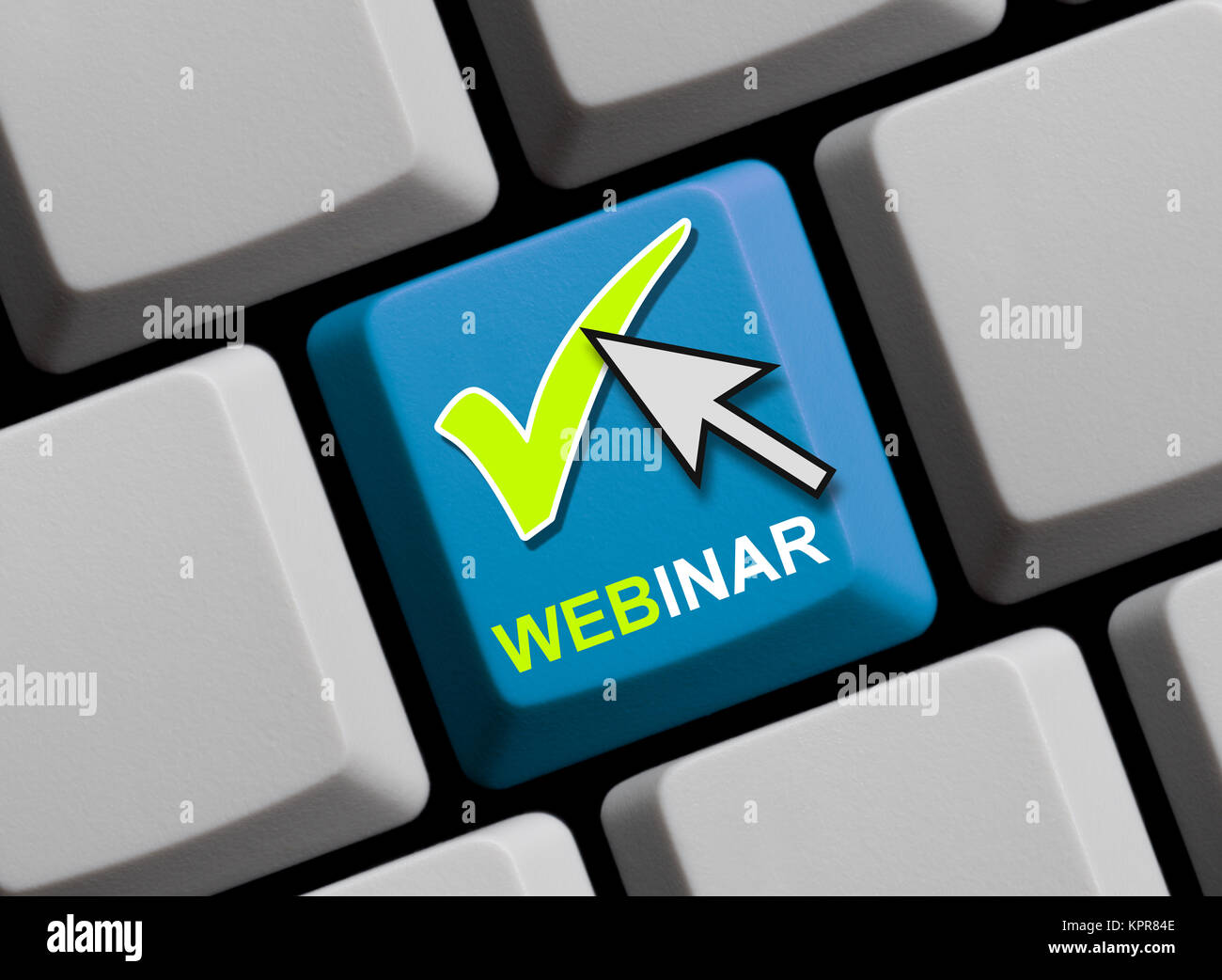 Blaue Computertatsatur mit Symbol und Mauspfeil zeigt Webinar Stockfoto