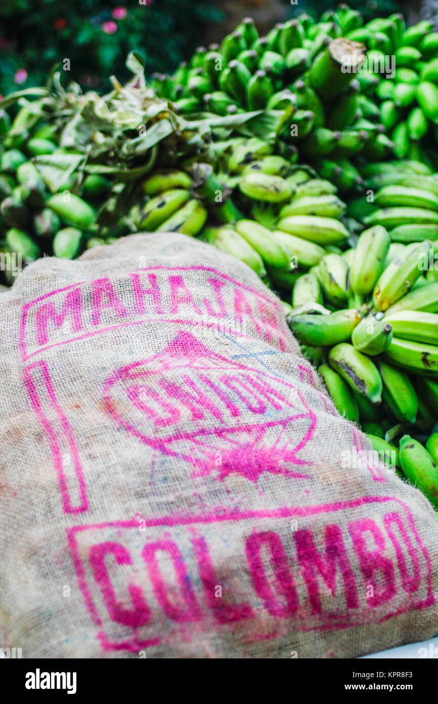 Nahaufnahme von verpackt Zwiebeln und Bananen auf einem der zahlreichen Food Market in Sri Lanka Stockfoto