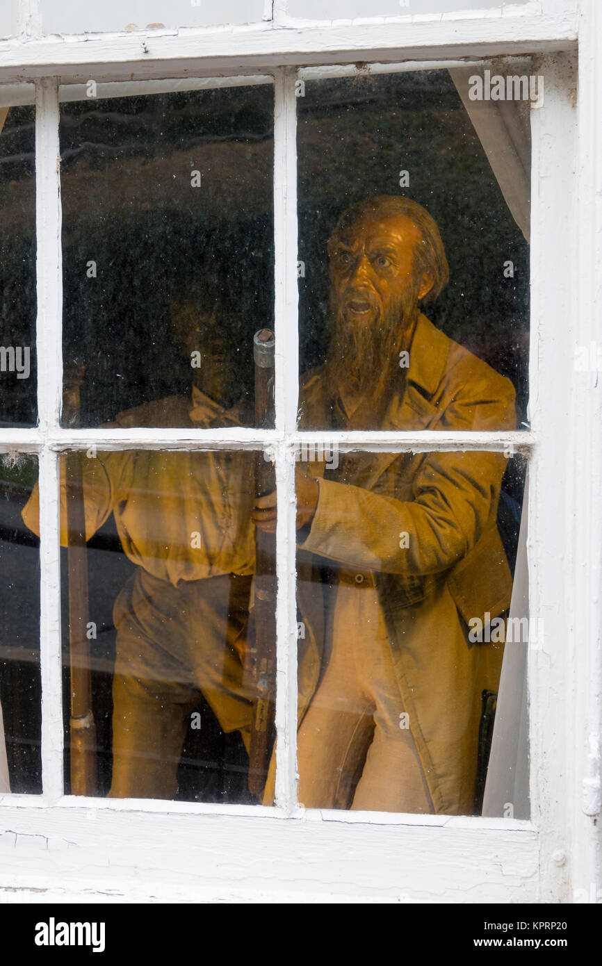 USA West Virginia WV Harpers Ferry eine Wachsfigur von John Brown in einem Fenster des John Brown Wax Museum Stockfoto