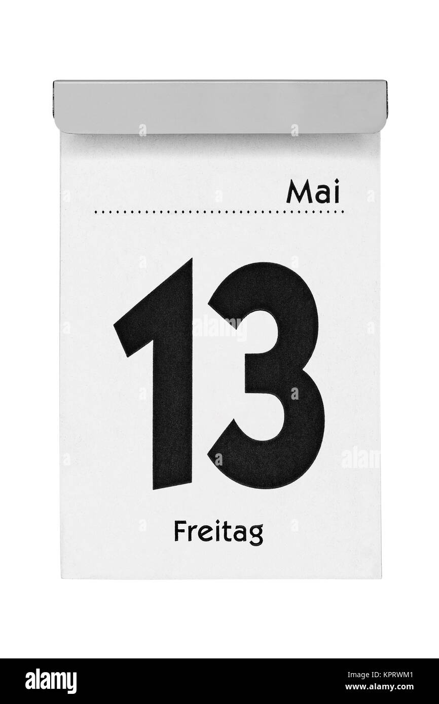 Kalenderseite freitag, der 13. februar, isoliert auf Weiß Stockfoto