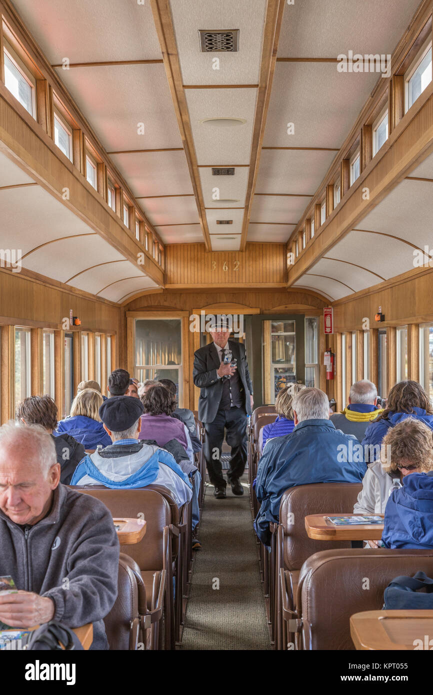 Die Passagiere auf den White Pass und Yukon Route Eisenbahn, die von Skagway, Alaska, USA, Carcross, Yukon, Kanada reisen Stockfoto