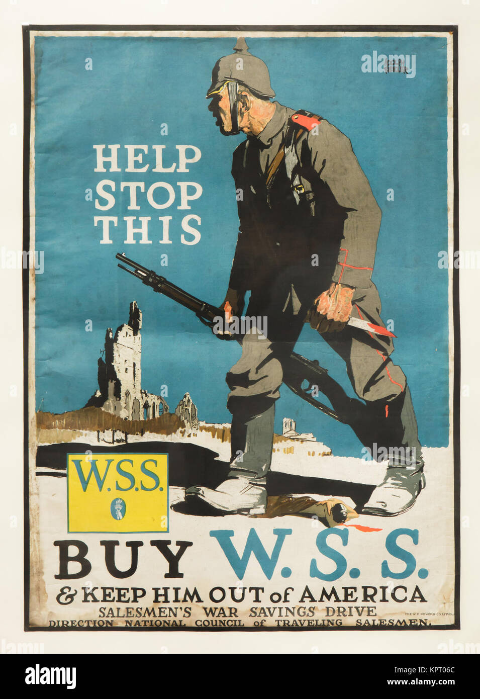 Hilfe zu stoppen. Poster von amerikanischen illustrator Adolph Treidler aus dem Zeitraum 1914-1918 auf Anzeige in der Posterausstellung im Südböhmischen Galerie (Alšova jihočeská Galerie) in Hluboka Nad Vltavou, Südböhmen, Tschechien. Die Ausstellung der Plakate aus der Zeit des Ersten Weltkrieges gewidmet wird bis zum 1. Oktober 2017. Stockfoto