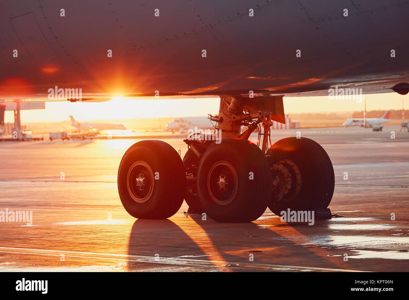 Das Fahrwerk des Flugzeugs. Sonnenuntergang am Flughafen. Stockfoto