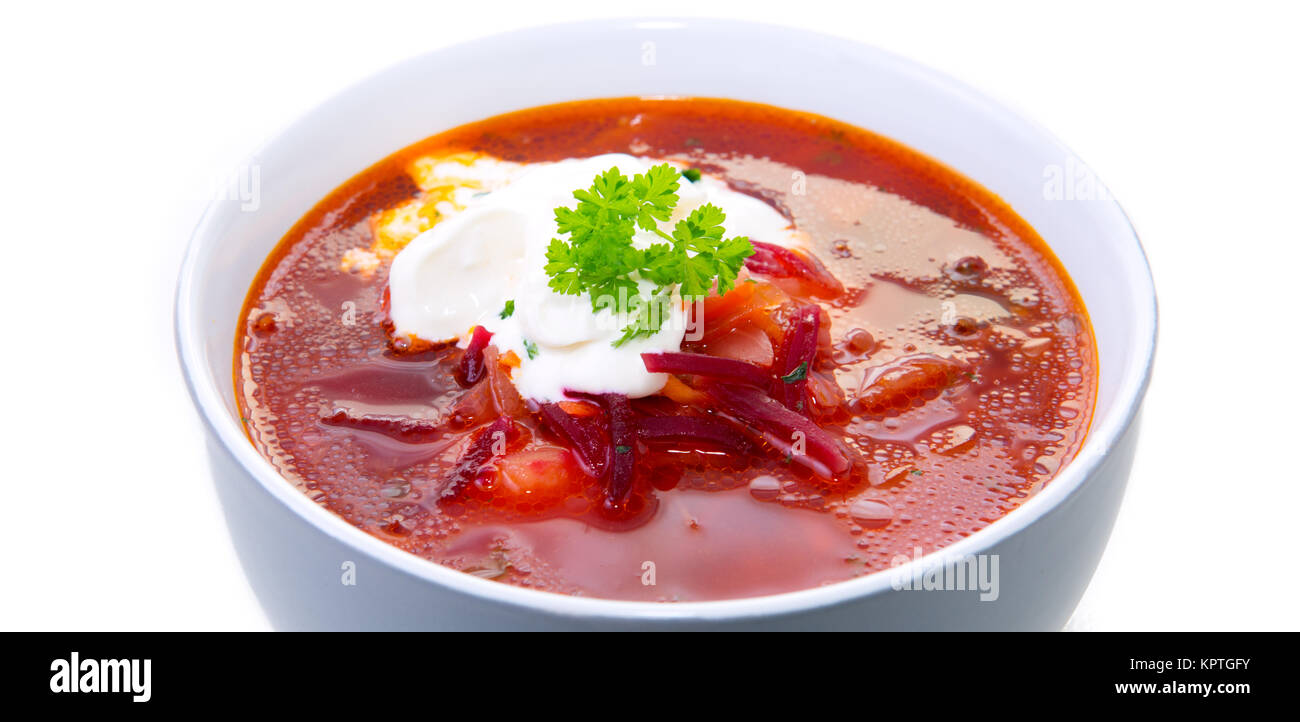 Ukrainische rote Suppe Borschtsch mit saurer Sahne, Ansicht von oben ... Ukrainische rote Suppe Borschtsch mit saurer Sahne, Ansicht von oben ...