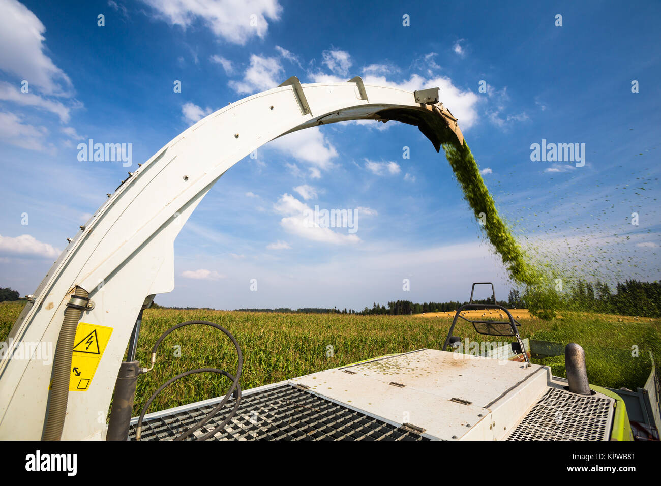 Moderne Mähdrescher Harvester entladen grünen Mais in die Lastwagen Stockfoto