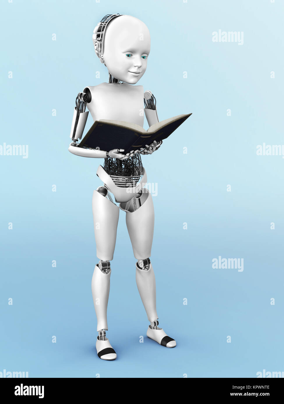 3D-Rendering eines Roboters Kind ein Buch lesen. Stockfoto