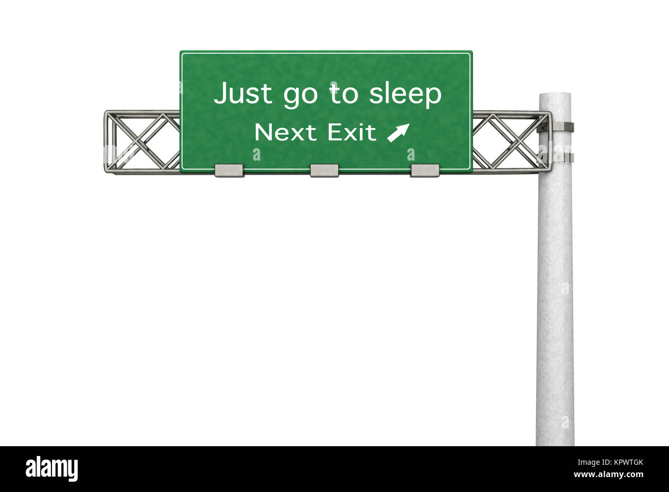 3D gerenderte Darstellung. Autobahn Zeichen - Next exit, um etwas Schlaf zu bekommen. Stockfoto