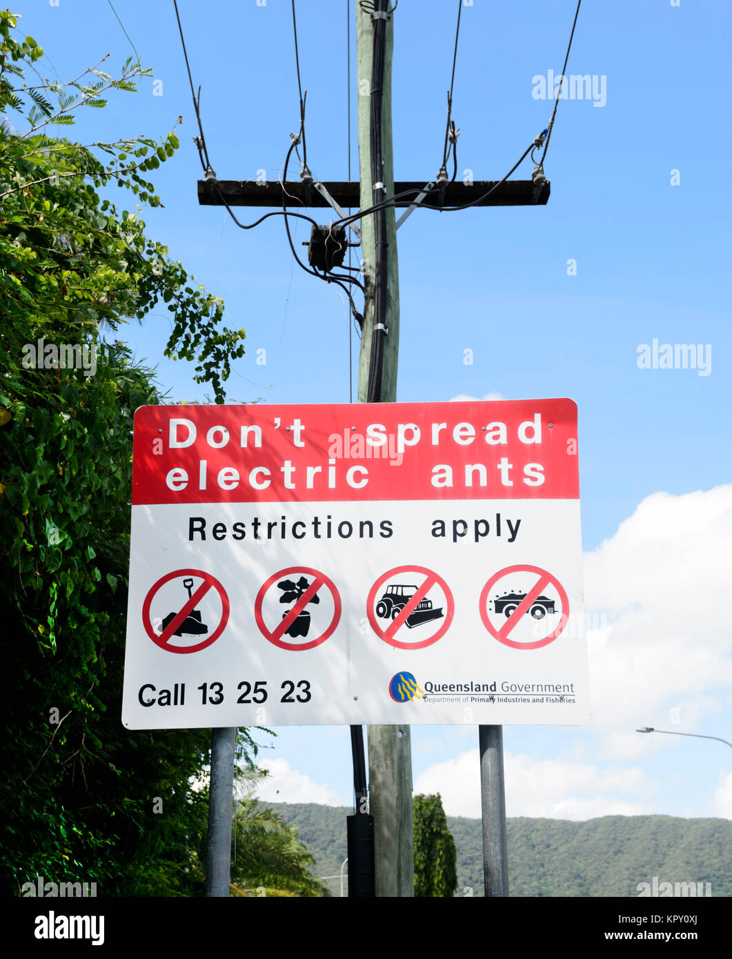Schild am Straßenrand Warnung Nicht elektrische Ameisen, die eine eingeführte Arten aus Südamerika ausbreiten, Far North Queensland, FNQ, QLD, Australien Stockfoto