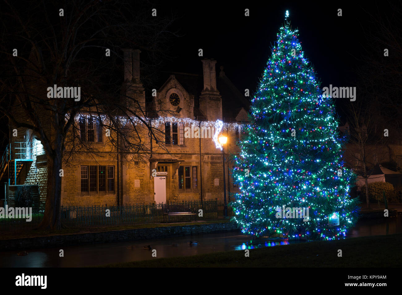 Weihnachtsbaum leuchtet in der Nacht in Bourton auf dem Wasser, Cotswolds, Gloucestershire, England Stockfoto